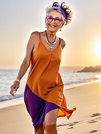 An elderly woman with a mohawk and wrinkled skin poses on the beach during golden hour