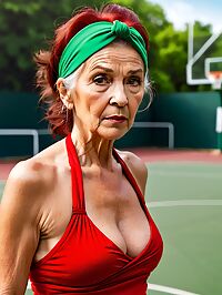 A 70 year old grandmother tanned and wrinkled stands on the basketball court