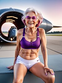 An elderly grandmotherly woman poses in a spaceship hangar at dusk