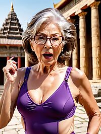 An elderly woman 75 wears a purple swimsuit in an ancient temple