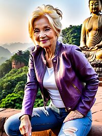 Elderly blonde woman 70 years old in tattered jeans at Leshan Giant Buddha