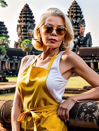 An elderly platinum blonde woman in a yellow apron stands at dusk near Angkor Wat