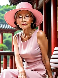 An elderly grandmother with wrinkled skin poses in outdoor pagoda at sunset