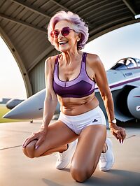 An elderly grandmotherly woman poses in a spaceship hangar at dusk