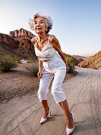 An elderly grandmother stands in a desert canyon at pre dawn